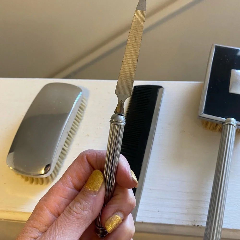 2 FOR $20 Vintage Vanity Set 2 Brushes, Comb, Nail File Silver VTG Victorian